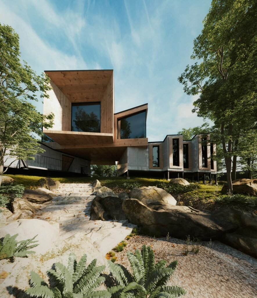 Villa moderna ecosostenibile in legno XLAM con architettura a sbalzo e grandi vetrate. Una serie di case in bioedilizia collegate tra loro, un piccolo quartiere da sogno"