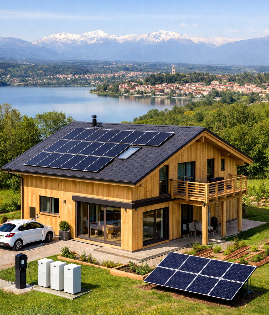 "Moderna casa in bioedilizia in legno con pannelli fotovoltaici, batterie di accumulo e colonnina di ricarica auto elettrica, situata in provincia di Varese con vista lago e Alpi."