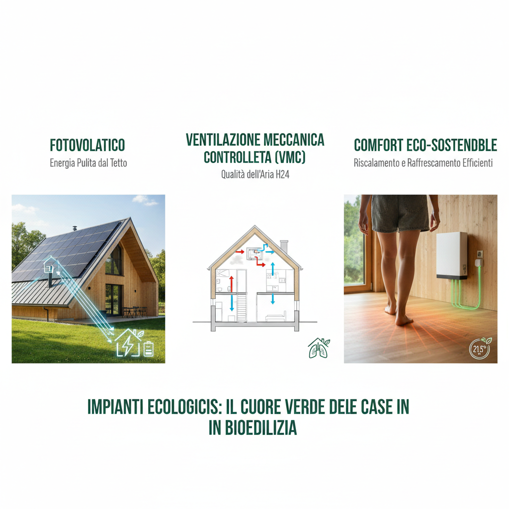 " impianti ecologici in una casa in bioedilizia: pannelli fotovoltaici sul tetto, schema del sistema VMC e riscaldamento a pavimento efficiente in una struttura in legno."