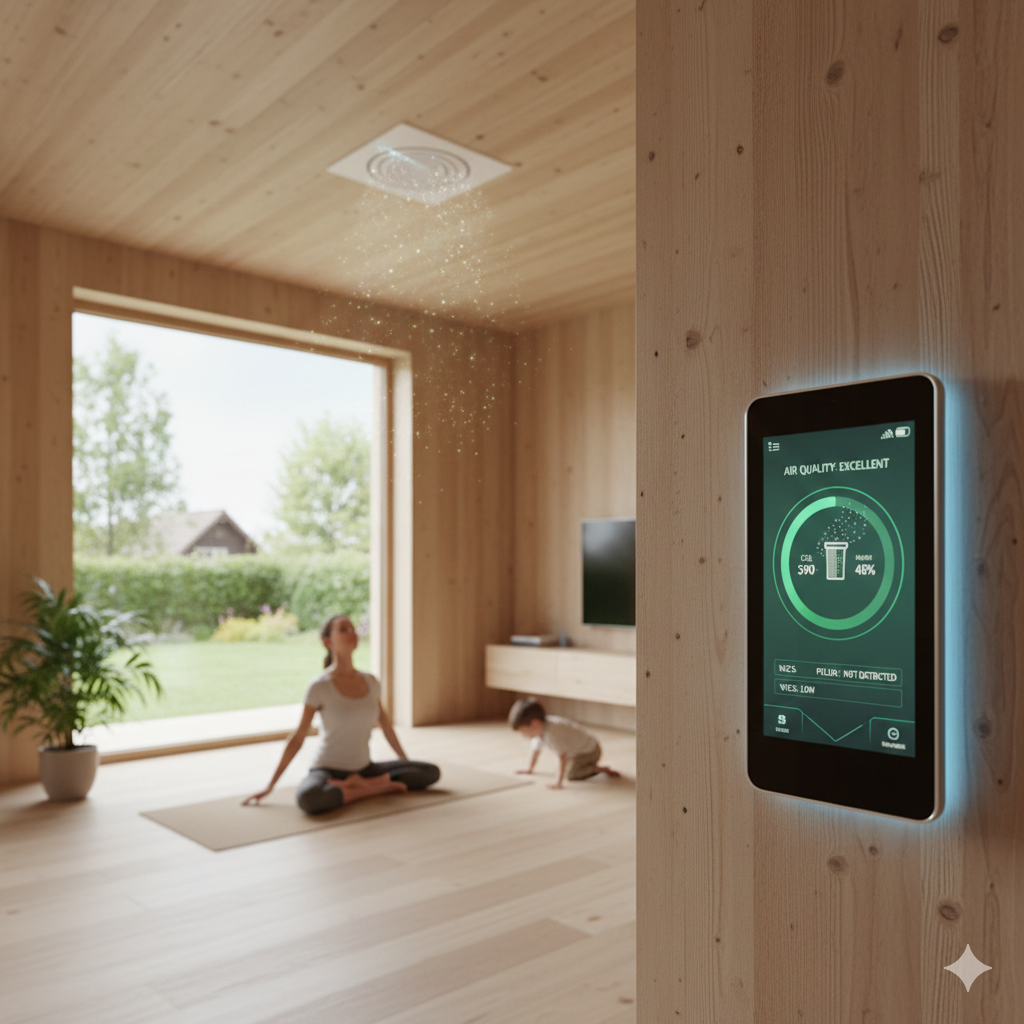 Interno di una casa in legno X-Lam con sistema di ventilazione meccanica a soffitto e display domotico che mostra una qualità dell'aria eccellente. Sullo sfondo una donna pratica yoga in un ambiente salubre e naturale.