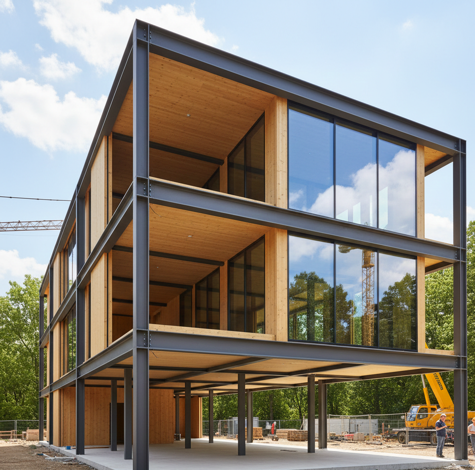Prospettiva di un edificio di tre piani in costruzione con telaio portante in acciaio grigio scuro e solai/pareti in legno lamellare.