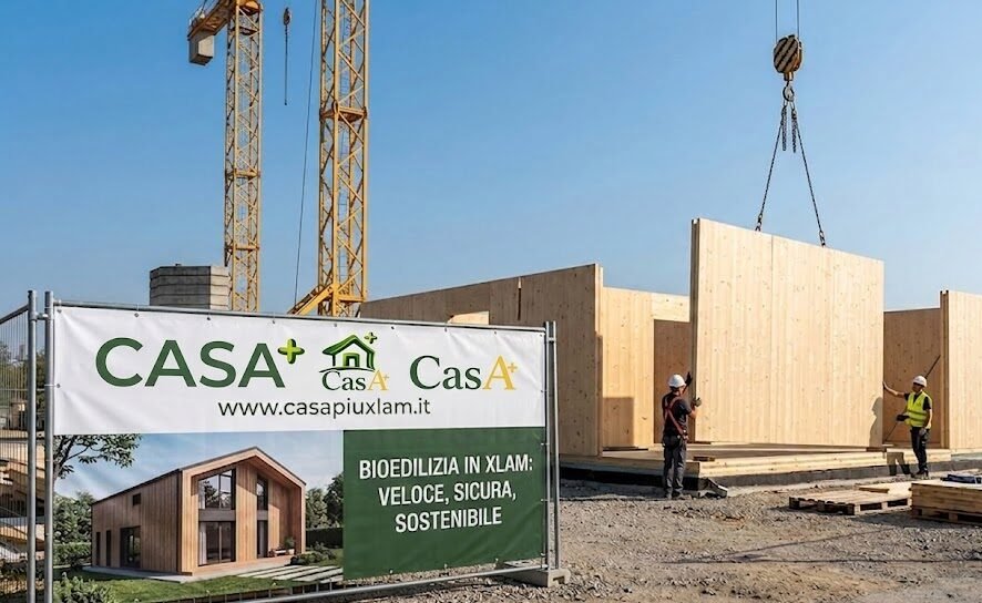 Una fotografia panoramica di un cantiere di bioedilizia in XLAM con una gru che solleva un pannello di legno. In primo piano, un cartellone pubblicitario bianco e verde riporta chiaramente il logo 'CASA+' con il '+' in apice e l'indirizzo web 'www.casapiuxlam.it', oltre al rendering di una casa finita e lo slogan 'Veloce, sicura, sostenibile'.