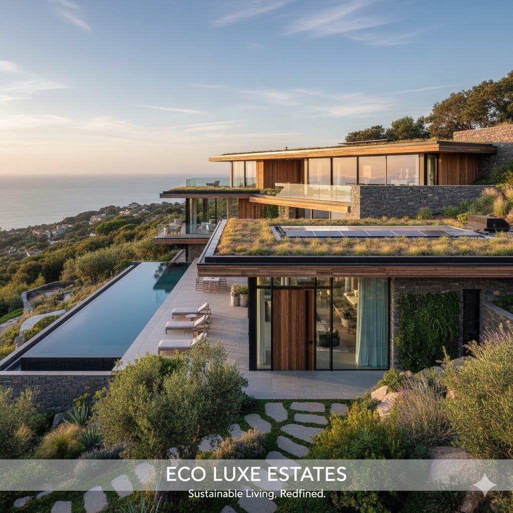 Una fotografia panoramica scattata al tramonto di una villa di lusso moderna e sostenibile integrata in una collina costiera con vista sul mare. L'edificio presenta tetti verdi, un impianto solare, rivestimenti in legno e una piscina a sfioro. Nel giardino, ci sono sentieri in pietra e piante native. L'immagine è pulita e priva di sovrapposizioni di testo.